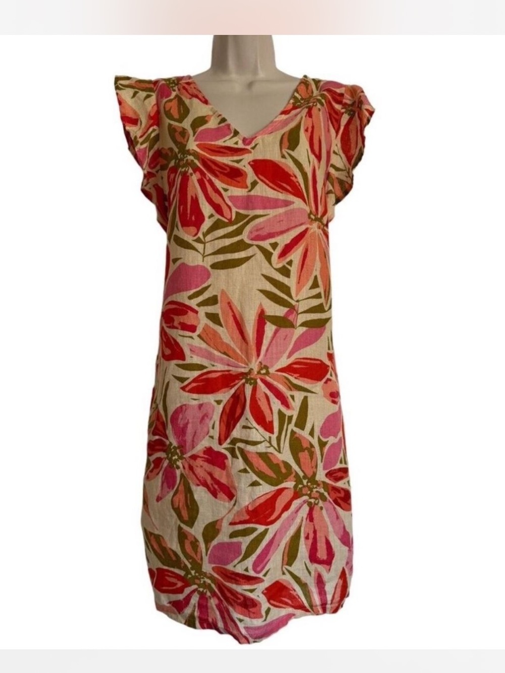 Nicole Miller 100% Linen Flutter Sleeve Floral Dress Size S